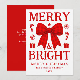 Merry & Bright Red Gingham Bow Christmas Holiday Card