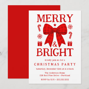 Merry & Bright Red Gingham Bow Christmas Party Invitation