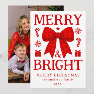 Merry & Bright Red Gingham Bow Christmas Photo Holiday Card
