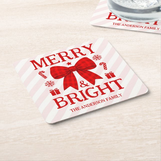 Merry & Bright Red Gingham Bow Christmas Square Paper Coaster (Angled)