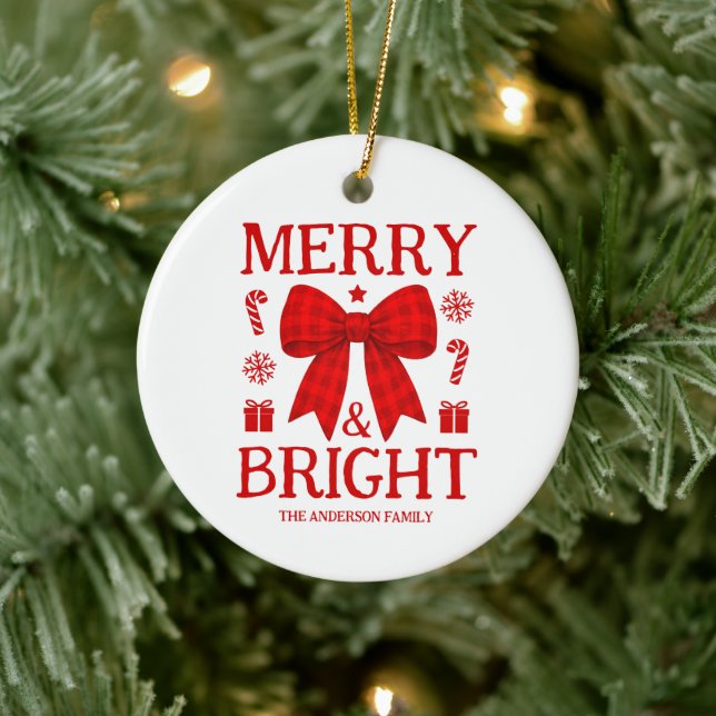 Merry & Bright Red Gingham Bow Photo Christmas Ceramic Tree Decoration (Tree)