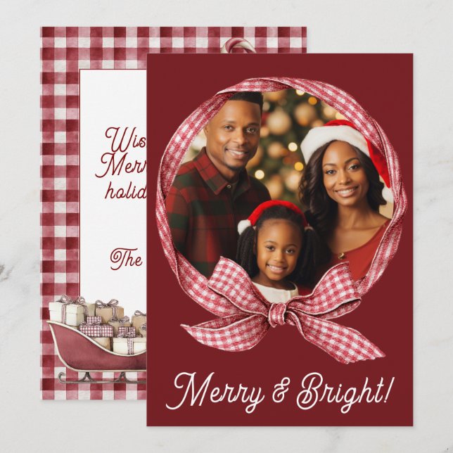 Merry & Bright Red Gingham Photo Holiday Christmas Card (Front/Back)