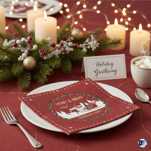 Merry & Bright Red & Gold Reindeer Sleigh Xmas P Napkin