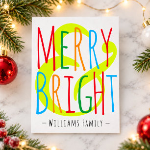 Merry & Bright Red Green Blue Typography Name Holiday Postcard