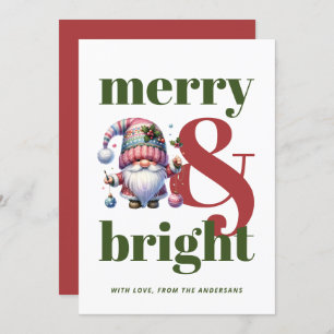 Merry & Bright Red Green Gnome Non-photo Christmas Holiday Card