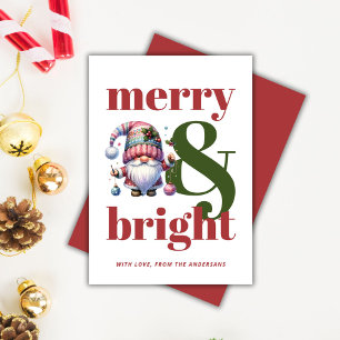 Merry & Bright Red Green Gnome Non-photo Christmas Holiday Card