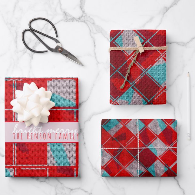 Merry Bright Red Knit Knitting Family Holiday Wrapping Paper Sheet (Front)