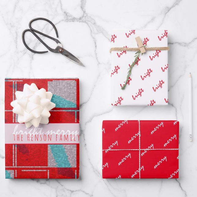Merry Bright Red Knit Knitting Family Holiday Wrapping Paper Sheet (Front)