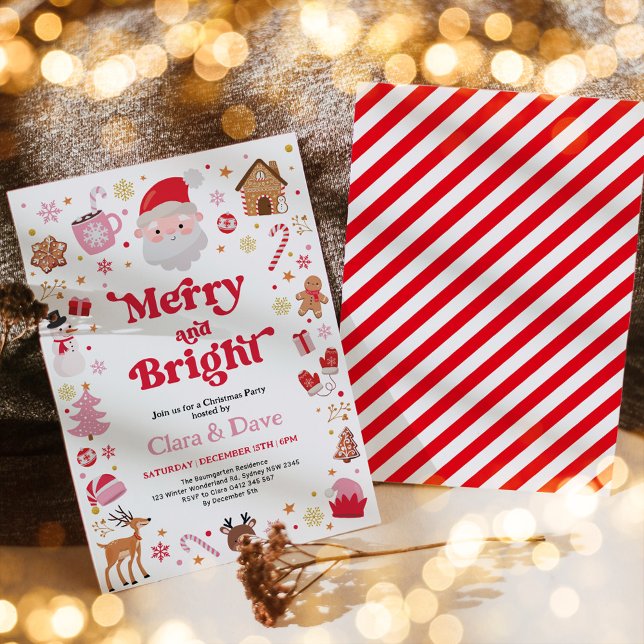 Merry & Bright Red Pink Santa Christmas Party Invitation (Creator Uploaded)