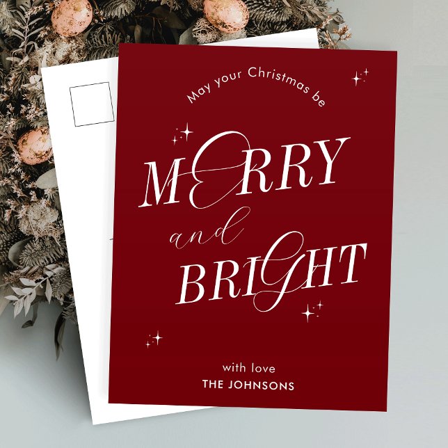Merry & Bright Red Script Non Photo Christmas Holiday Postcard (Spread the festive cheer with this elegant merry and bright postcard design)