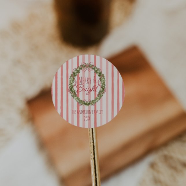 Merry & Bright Red Stripes Christmas Bow Wreath Classic Round Sticker (Creator Uploaded)