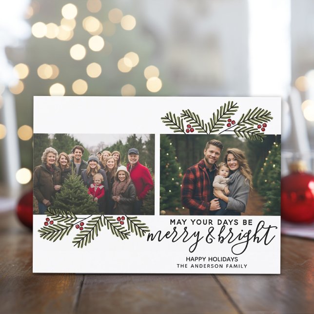 Merry Bright Retro 2 photo Christmas Pine Branches Holiday Card (2 Photos - modern online Christmas Card with whimsical branches)