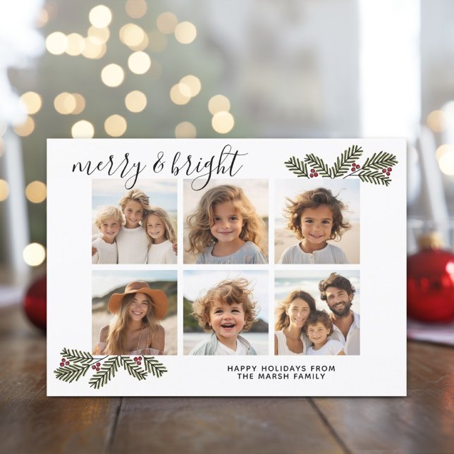 Merry Bright Retro 6 photo Christmas Pine Branches Holiday Card (Whimsical branches holiday card)
