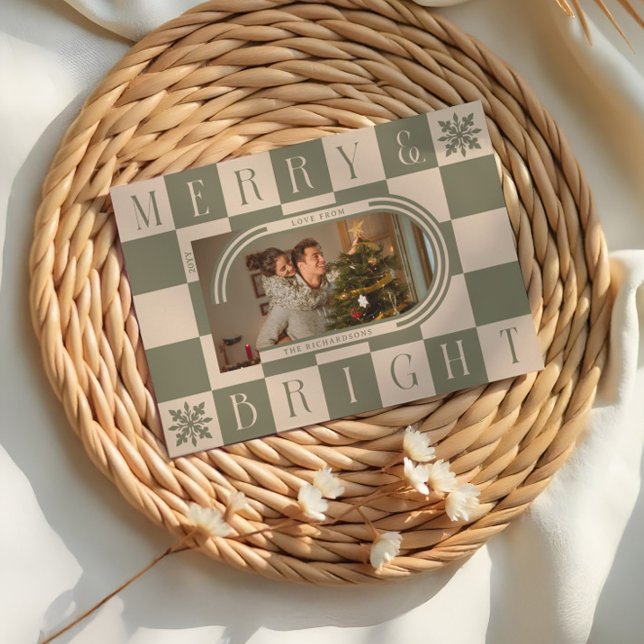 Merry & Bright Retro Chequered Christmas Arch Phot Holiday Card (Merry & Bright Retro Checker Christmas Arch Photo Holiday Card)