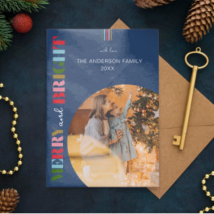 Merry & Bright Retro Christmas Photos Blue Holiday Card
