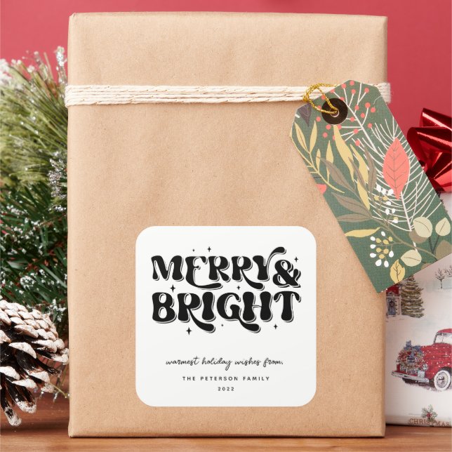 Merry & Bright Retro Christmas Square Sticker (Holiday)