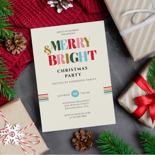 Merry & Bright Retro Colourful Christmas Party Invitation (Creator Uploaded)