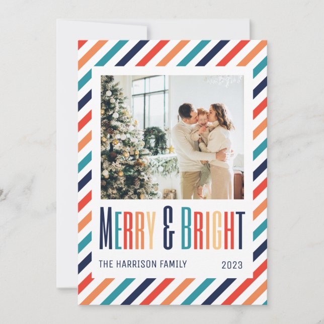 Merry & Bright Retro Colourful Stripes Photo  (Front)