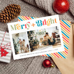 Merry & Bright Retro Colourful Two Photo Christmas Holiday Card<br><div class="desc">A merry and bright Christmas! Send your holiday greetings to your friends and loved ones with this colourful retro style Christmas photo card. This card features two lovely photos of your family, a text you can personalise, and a festive and colourful stripes pattern at the back. (Photo by Elina Fairytale...</div>