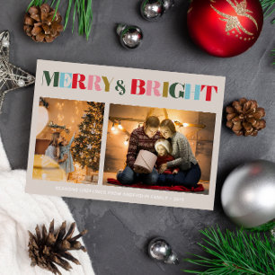 Merry & Bright Retro Colourful Two Photo Christmas Holiday Card