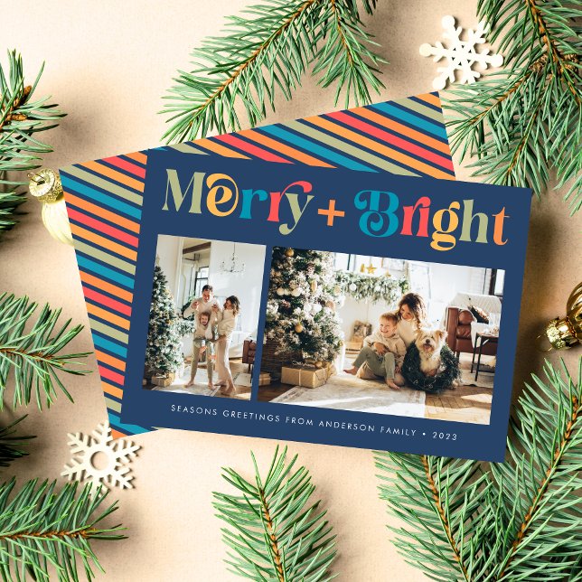 Merry & Bright Retro Colourful Two Photo Christmas Holiday Card (Creator Uploaded)