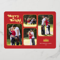 Merry & Bright Retro Gold Foil Photo Red Christmas