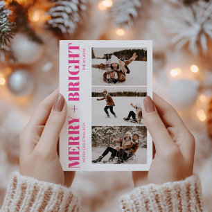 Merry & Bright Retro Hot Pink Christmas Photo Holiday Card