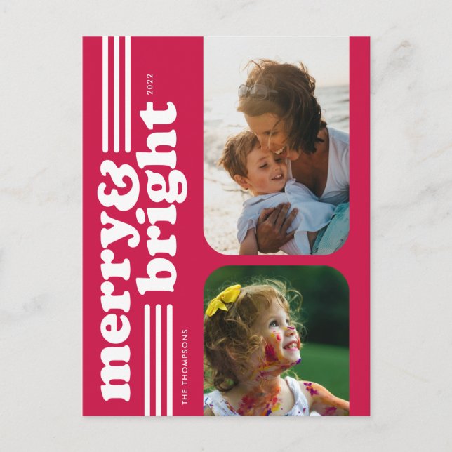Merry & Bright Retro Magenta Photo Postcard (Front)