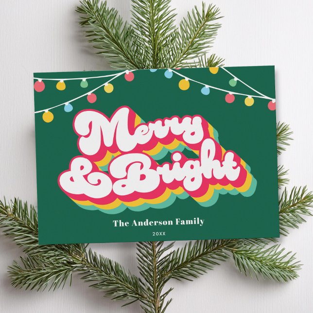 Merry & Bright Retro Non Photo Christmas Holiday Card (Creator Uploaded)