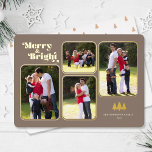 Merry & Bright Retro Photo Christmas Gold<br><div class="desc">This Christmas card features the text "Merry & Bright" appearing in a fun gold foil retro font on a dark tan background.  The design offers 4 photo frames for you favorite pictures. Photography © Storytree Studios,  Stanford,  CA</div>
