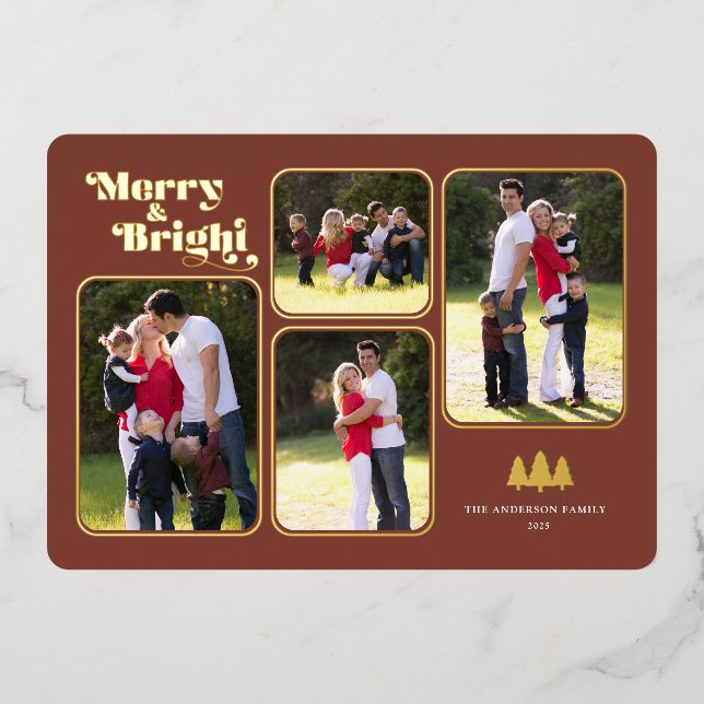 Merry & Bright Retro Photo Christmas Gold (Front)