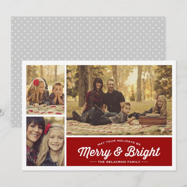 Merry & Bright Ruby 3 Photo Holiday Greeting Card (Front/Back)