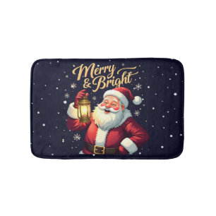 Merry Bright Santa Holding Lantern Illustration Bath Mat