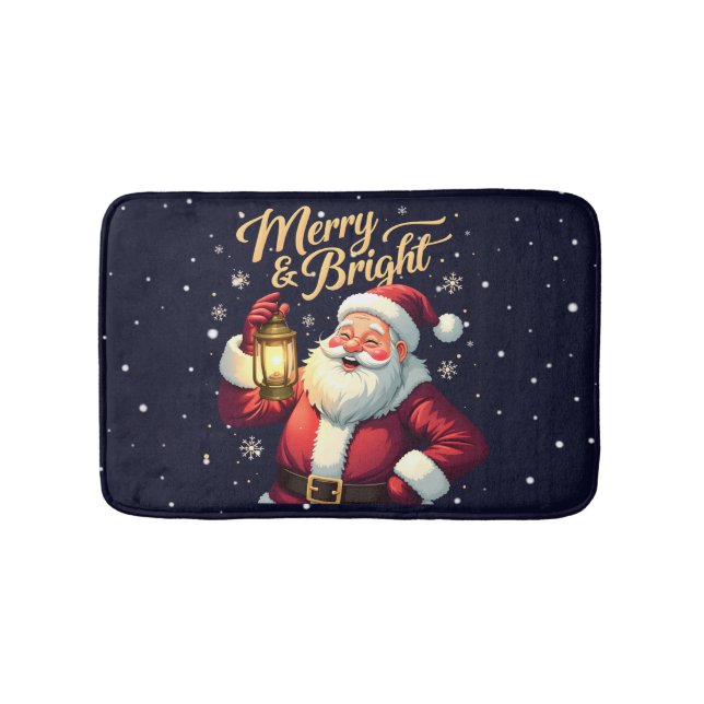 Merry Bright Santa Holding Lantern Illustration Bath Mat (Front)