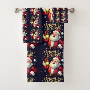 Merry Bright Santa Holding Lantern Illustration Bath Towel Set
