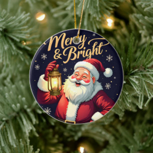 Merry Bright Santa Holding Lantern Illustration Ceramic Tree Decoration