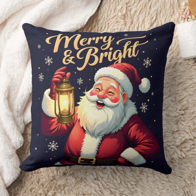 Merry Bright Santa Holding Lantern Illustration Cushion (Blanket)