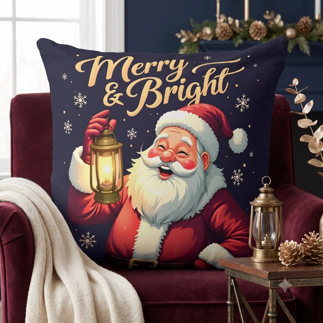 Merry Bright Santa Holding Lantern Illustration Cushion (Merry Bright Santa Holding Lantern Illustration Throw Pillow)