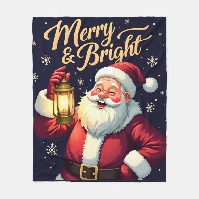 Merry Bright Santa Holding Lantern Illustration Fleece Blanket (Front)