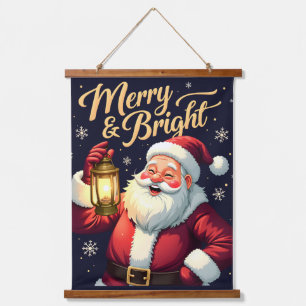 Merry Bright Santa Holding Lantern Illustration Hanging Tapestry