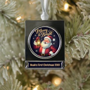 Merry Bright Santa Holding Lantern Illustration Silver Plated Banner Ornament