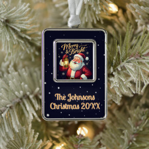 Merry Bright Santa Holding Lantern Illustration Silver Plated Framed Ornament