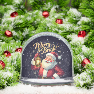 Merry Bright Santa Holding Lantern Illustration Snowglobe