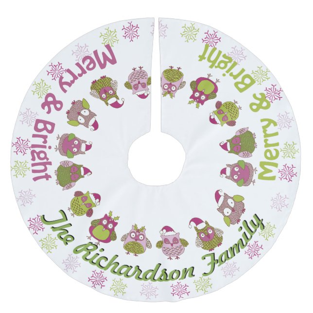Merry & Bright Santa Owls  YOUR NAME Tree Skirt (Front)