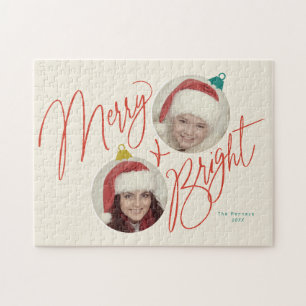 Merry & Bright script and photo ornaments design Jigsaw Puzzle