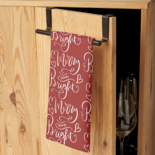Merry & Bright Script Calligraphy Red Christmas Tea Towel