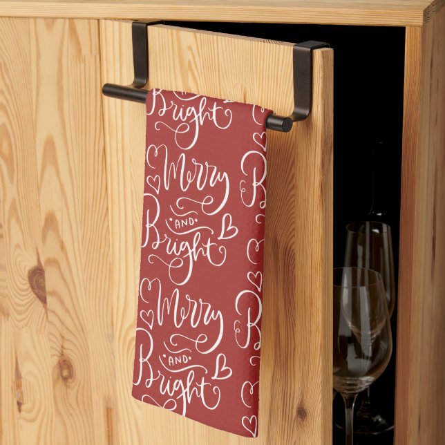 Merry & Bright Script Calligraphy Red Christmas Tea Towel (Thirds Fold)
