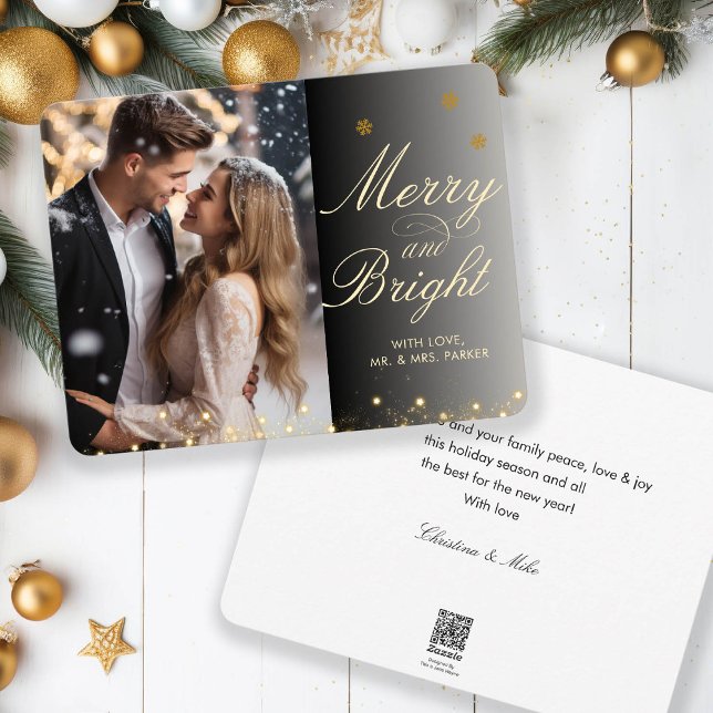 Merry & Bright! Script Font, Black-Gold Photo  Holiday Card (Creator Uploaded)