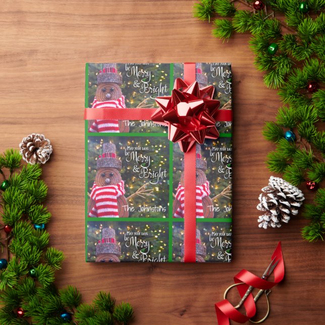 Merry Bright Script Rustic Snowman Cute Pattern  Wrapping Paper (Holiday Gift)