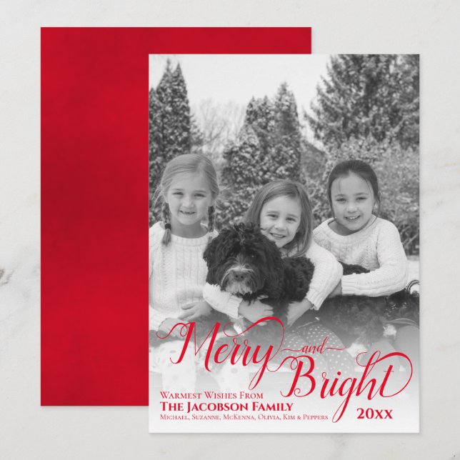 Merry & Bright Simple Black & White Photo Red Holiday Card (Front/Back)